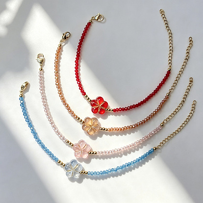 Bracelets bohèmes artisanaux en verre filé, ornés de fleurs et de perles rondelles à facettes, avec embouts en acier inoxydable pour femmes., or