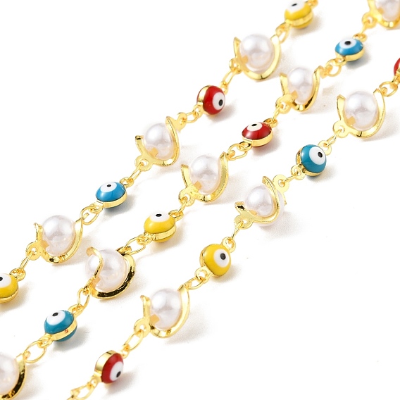 Handmade Brass Enamel Flat Round with Evil Eye Link Chain, with Twisted CCB Plastic Bead Links, Long-Lasting Plated, Soldered, with Spool
