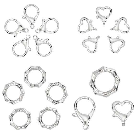 18Pcs 3 Style Zinc Alloy Lobster Claw Clasps and Spring Gate Rings, Heart & Parrot Trigger & Polygon Ring