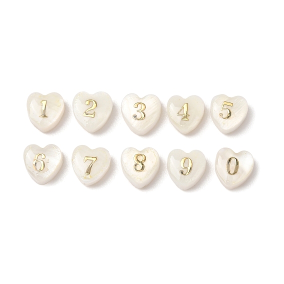 10Pcs 10 Styles Natural Shell Beads, Heart with Number 0~9, with Gold Epoxy Resin