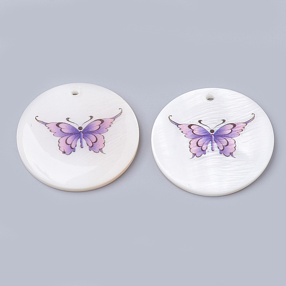 Freshwater Shell Pendants, Flat Round with Butterfly