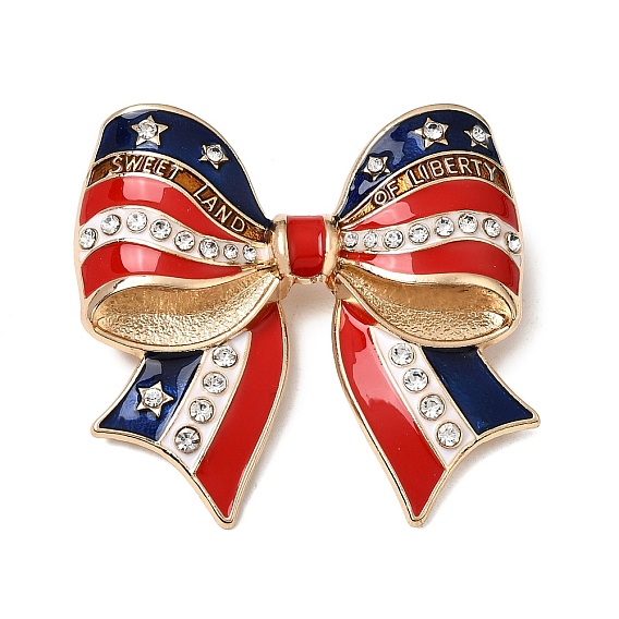 Independence Day Enamel Pins, Alloy Rhinestone Lapel Pins for Backpack Clothes, Sweet Land of Liberty with Bowknot, Light Gold