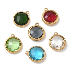 304 из нержавеющей стали горный хрусталь подвески, плоские круглые прелести, граненые, вакуумное покрытие pvd, реальный 18 k позолоченный