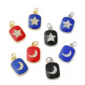 Brass Micro Pave Cubic Zirconia Pendants, with Enamel & Jump Ring, Rectangle with Star/Moon Charm