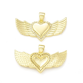 Rack Plating Brass Micro Pave Clear Cubic Zirconia Pendants, Cadmium Free & Lead Free, Long-Lasting Plated, Heart with Wing Charm