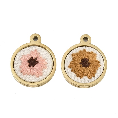 304 Stainless Steel & Embroidered Pendants, Flat Round with Flower Charms, Ion Plating(IP), Long-Lasting Plated, Real 18K Gold Plated