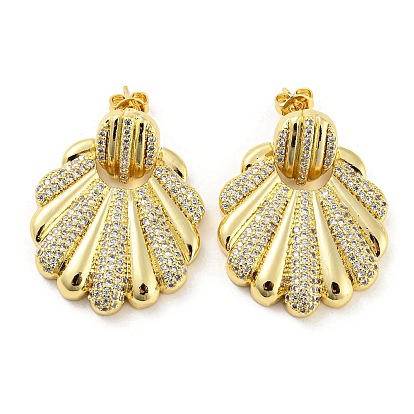 Brass Micro Pave Cubic Zirconia Dangle Stud Earrings, Shell Shape