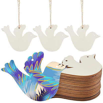 20Pcs Unfinished Wood Pendant Decoration, with Rope, Birds