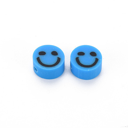 Handmade Polymer Clay Beads, Flat Round with Smiling Face