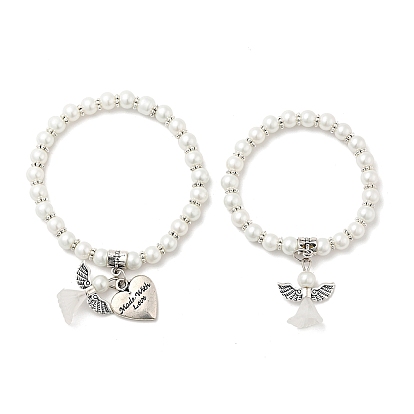 Lovely Wedding Dress Angel Jewelry Sets for Mother and Daughter, Stretch Bracelets, with Glass Pearl Beads and Tibetan Style Beads, 45mm and 55mm inner diameter