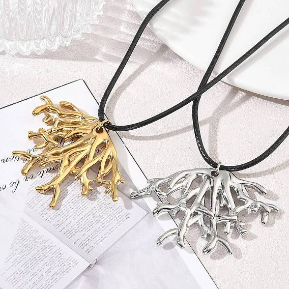 Summer Beach 304 Stainless Steel Coral Shape Pendant Adjustable Black Waxed Cord Necklaces for Women
