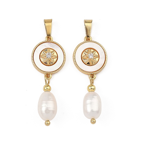 Natural Cultured Freshwater Pearl Rice Tassel Pendants, Brass Micro Pave Clear Cubic Zirconia and Natural Shell Flat Round Charms, White