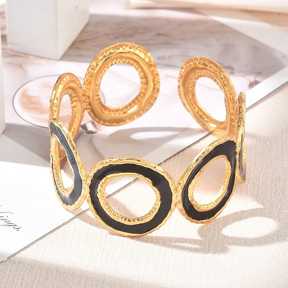 304 Stainless Steel Enamel Cuff Bangles for Women, Black Ring