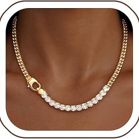 Brass Pave Clear Cubic Zirconia Tennis Necklaces, Cuban Link Chain Necklaces