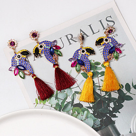 European and American Style Fringe Tassel Earrings with Parrot Pendant - Alloy, Diamond, Accessory.