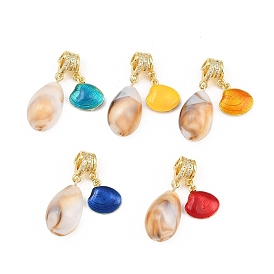 Brass Micro Pave Clear Cubic Zirconia Pendants, with Enamel & Resin, Shell Shape Charms, Rack Plating, Long-Lasting Plated, Lead Free & Cadmium Free, Real 18K Gold Plated