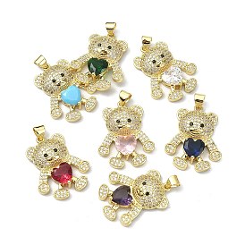 Brass Micro Pave Cubic Zirconia Pendants, Bear Charm, Real 18K Gold Plated