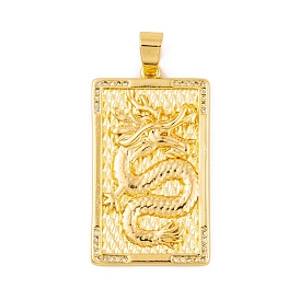Brass Micro Pave Cubic Zirconia Pendants, Real 18K Gold Plated Rectangle with Dragon Charms