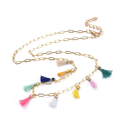 Pendant Necklaces, with Brass Paperclip Chains, Iron Chain Extender, Polycotton Tassel Charms and Alloy Lobster Claw Clasps