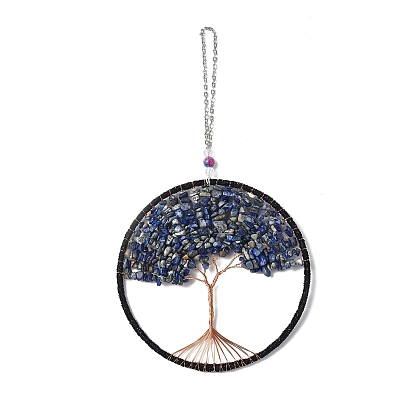 Wire Wrapped Chips Natural Gemstone Big Pendant Decorations, with Iron Chains and Imitation Leather Rope, Flat Round with Tree of Life