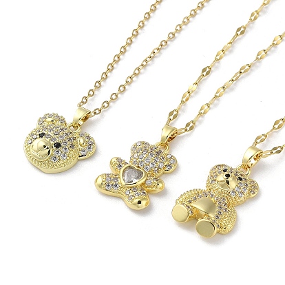Brass with Rhinestone Bear Pendant Necklaces, with 201 Stainless Steel Chains