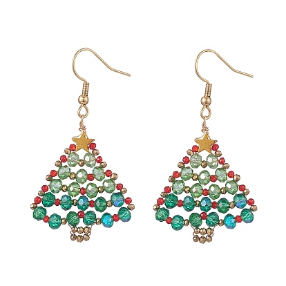 Glass Christmas Tree Dangle Earrings, Golden Brass Wire Wrap Jewelry for Women