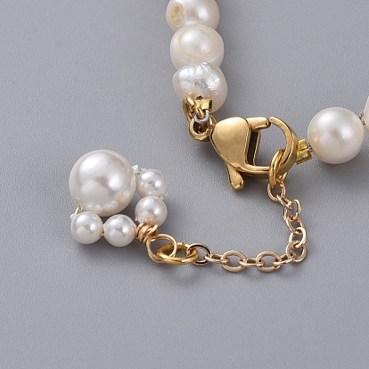 Natural Cultured Freshwater Pearl Beaded Bracelets, with Shell Pearl Beads, Golden Plated 304 Stainless Steel Lobster Claw Clasps and Cardboard Packing Box