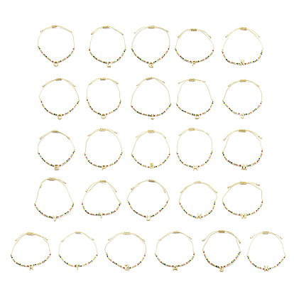Verstellbares, geflochtenes Perlenarmband aus Glasperlen und Messing mit Anfangsbuchstaben für Damen, Farbig