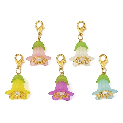 Décorations de pendentifs de fleurs en acrylique transparent, avec des embouts de perles en fer et des fermoirs mousquetons en alliage de zinc, or