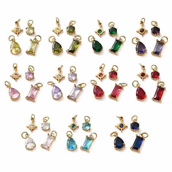 4Pcs 4 Styles 304 Stainless Steel & Glass Pendants, Star & Flat Round & Teardrop & Rectangle, with Jump Ring, Faceted, Ion Plating(IP), Long-Lasting Plated