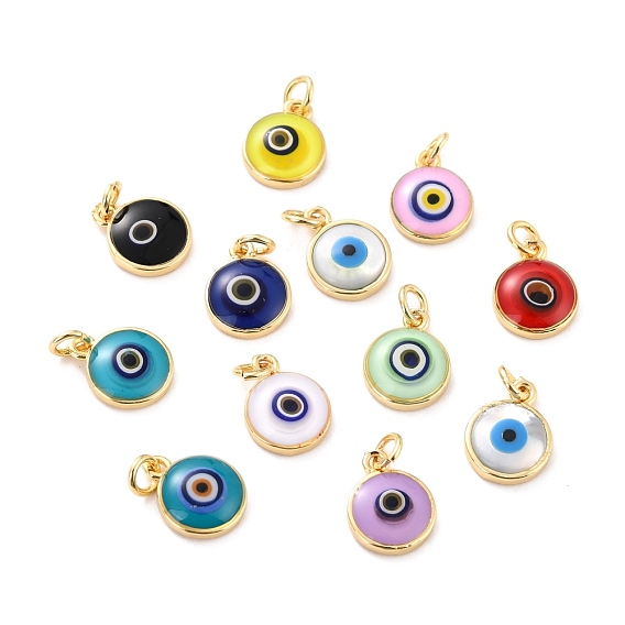 Brass Charms, with Enamel & Natural Shell Slice, Flat Round with Evil Eye