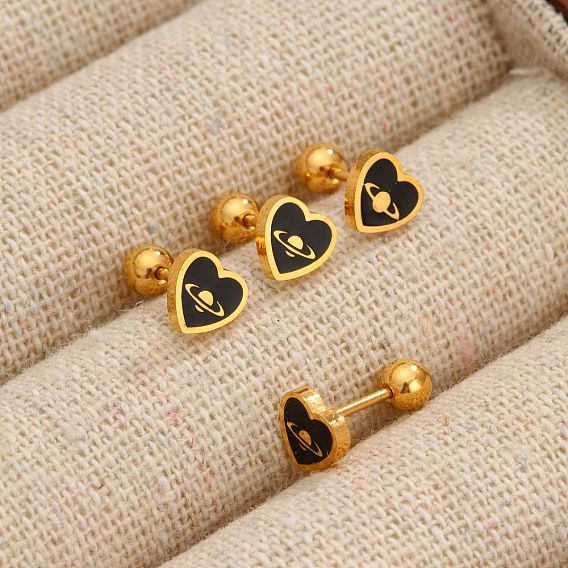 304 Серьги-гвоздики из нержавеющей стали с эмалью, черное сердце