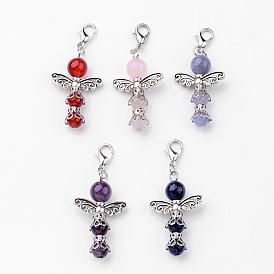 Natural Round Gemstone Pendant Decorations, with Zinc Alloy Findings and Lobster Claw Clasps