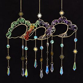 Wire Wrapped Gemstone Chips & Brass Cloud with Tree Hanging Suncatcher, with Glass Cone Charm, for Home Bedroom Decorations