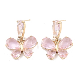 Boucles d'oreilles papillon en laiton, boucles d'oreilles pendantes en verre rose