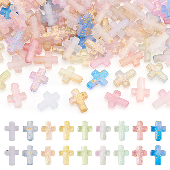 96Pcs 8 Styles Gradient Color Transparent Acrylic Beads, with Golden Foil, Cross