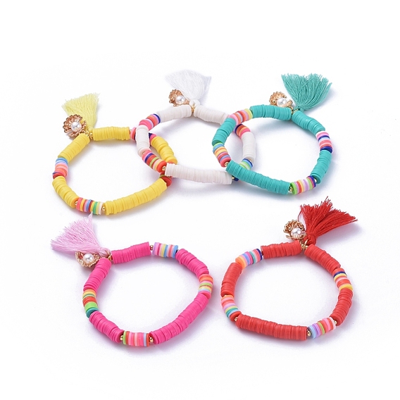 Handmade Polymer Clay Heishi Beads Stretch Bracelets, with Cotton Thread Tassel Pendants and Alloy Charms, Shell with Pearl Shape