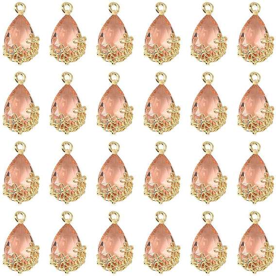Transparent Glass Pendants, for DIY Jewelry Making, with Brass Findings, Faceted, Teardrop with Flower, Light Gold