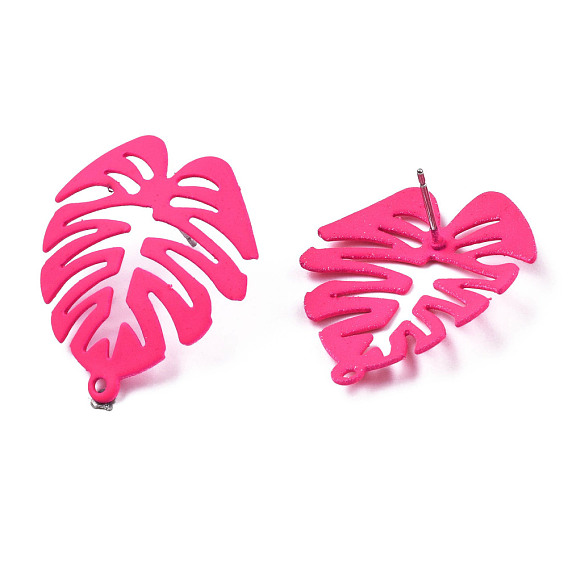 Spray Painted Iron Stud Earring Findings, with Horizontal Loops, Monstera Leaf