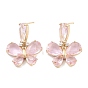 Butterfly Brass Dangle Stud Earrings, Pink Glass Drop Earrings