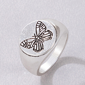 Vintage Butterfly Stamp Silver Ring - Hip-hop Style Jewelry, Retro, Stamp Design
