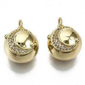 Brass Micro Pave Cubic Zirconia Pendants, with Jump Rings, Nickel Free, Round with Moon, Real 16K Gold Plated