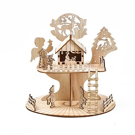 DIY Christmas Style Hand Painting 3D Courtyard Crafts Assembly Kit, with Unfinished Wooden House, Angel, Christmas Trees, Reindeer, Snowman, Fence