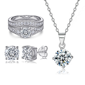 3-Piece Round CZ Jewelry Set: Ring, Earrings & Necklace - Simple and Elegant Sterling Silver Accessories for Women