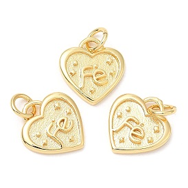Rack Plating Brass Charms, Long-Lasting Plated, with Jump Ring, Lead Free & Cadmium Free, Heart with Word Fe Charm