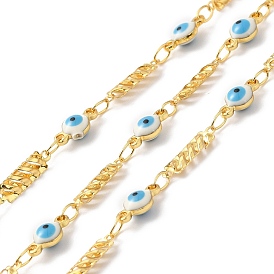 Handmade Enamel Evil Eye Link Chains, Real 18K Gold Plated Brass Hollow Rectangle Link Chains, Soldered, with Spool, Cadmium Free & Lead Free