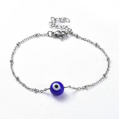 Handmade Lampwork Evil Eye Beads Beaded Bracelets, with 304 Stainless Steel Cable Chains and Lobster Claw Clasps