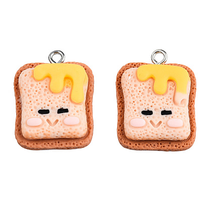 Opaque Resin Pendants, with Platinum Plated Iron Loops, Imitation Food, Toast Charm with Smiling Face Pattern