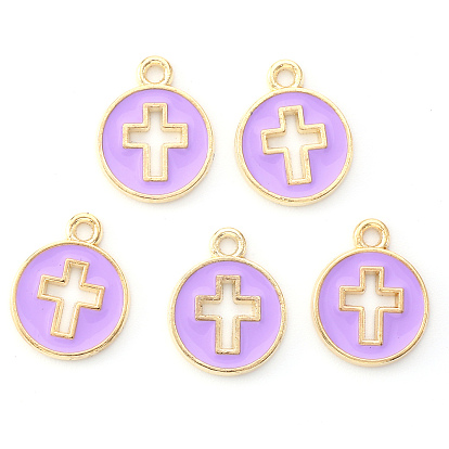Light Gold Plated Alloy Enamel Pendants, Flat Round with Cross