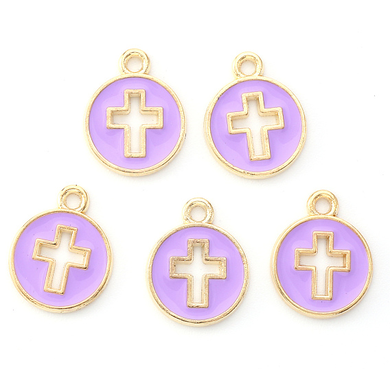 Light Gold Plated Alloy Enamel Pendants, Flat Round with Cross